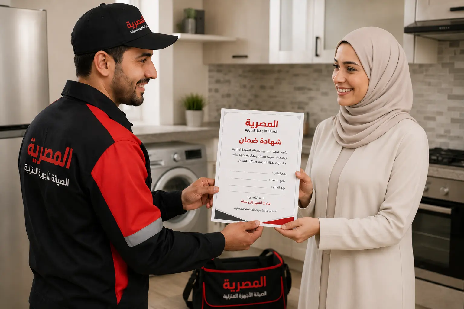 فني من المصرية لصيانة الأجهزة المنزلية يسلم العميل شهادة ضمان بعد عملية الصيانة